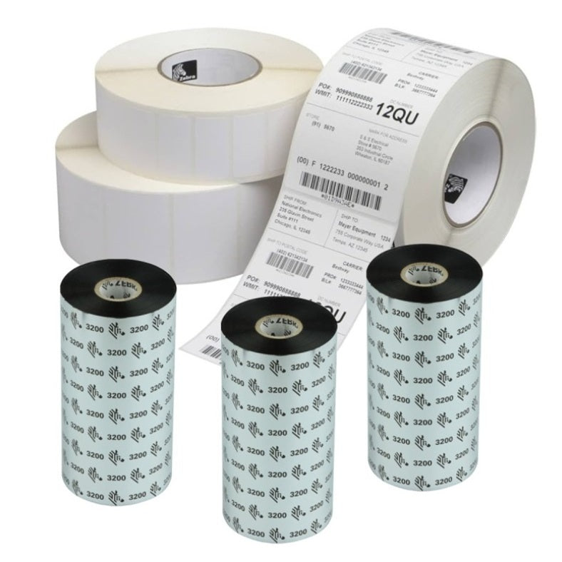 3 rotoli di etichette + 3 ribbon in cera-resina per stampanti a trasferimento termico