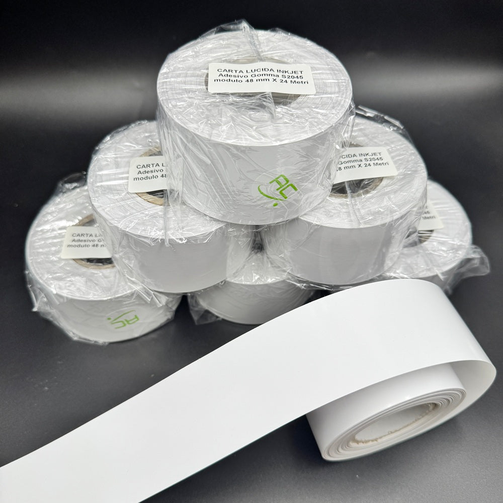 ROTOLI DI CARTA LUCIDA ADESIVA MM 48 X 24 MT PER STAMPANTI DI ETICHETTE A COLORI