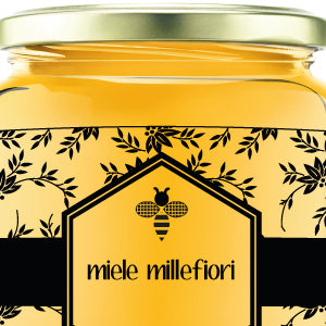 MODELLO DI ETICHETTA TRASPARENTE PER MIELE: SFONDO PATTERN FIORITO
