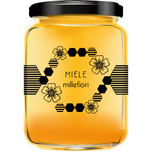 REALIZZAZIONE GRAFICA ETICHETTA TRASPARENTE PER MIELE: ESAGONO FIORITO